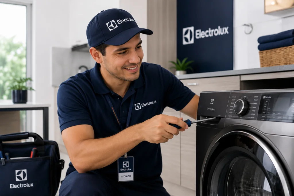 Técnico autorizado Electrolux reparando una lavadora en Quito
