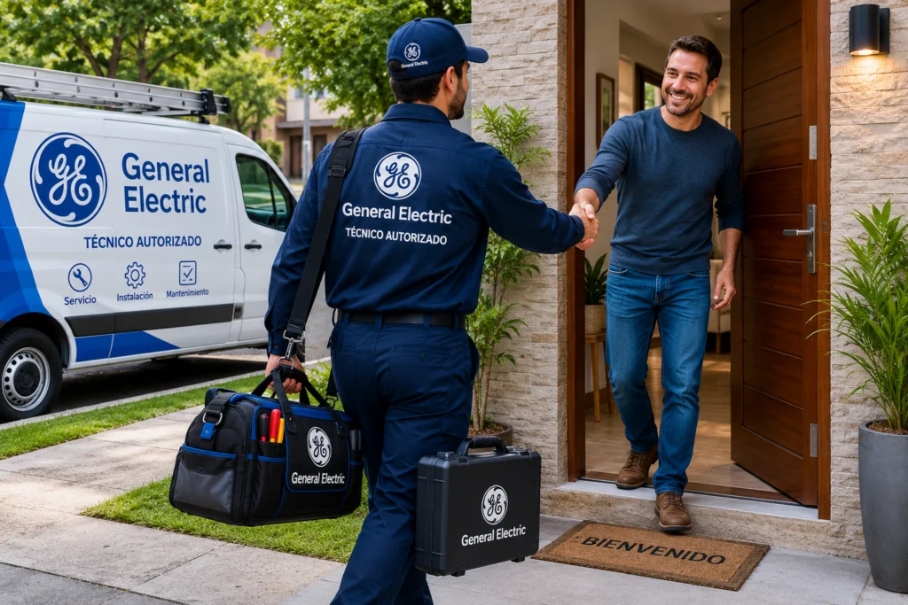 Técnico autorizado General Electric saludando a un cliente en Quito