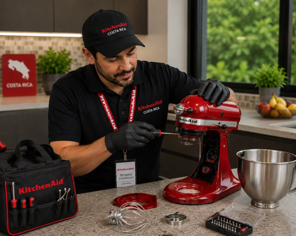 Técnico autorizado KitchenAid reparando una batidora Artisan en Quito