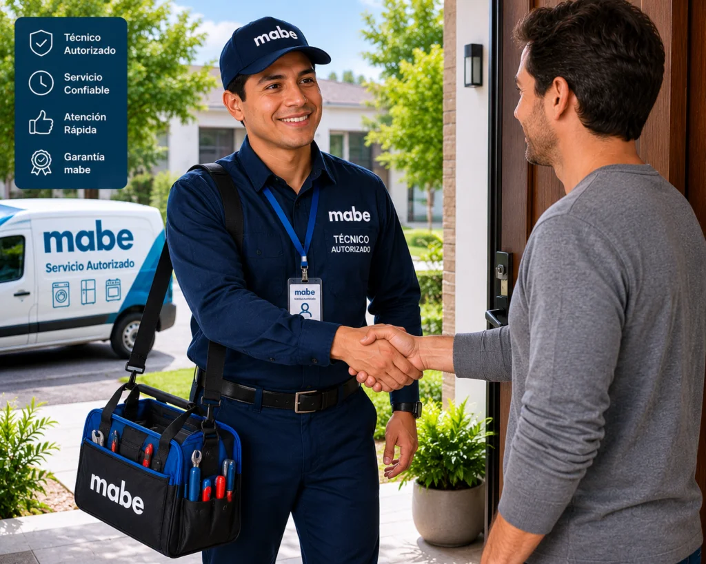 Técnico autorizado Mabe saludando a un cliente en la puerta de su casa en Quito