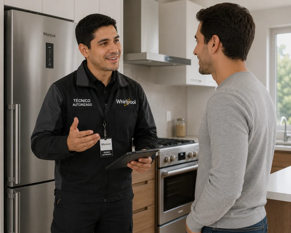 Técnico autorizado Whirlpool explicando un diagnóstico a un cliente en Quito